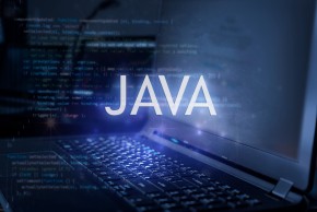Text: Java, a laptop and some code on a purple background