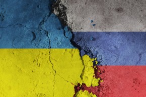 Ukrainian and Russian flags depicting conflict